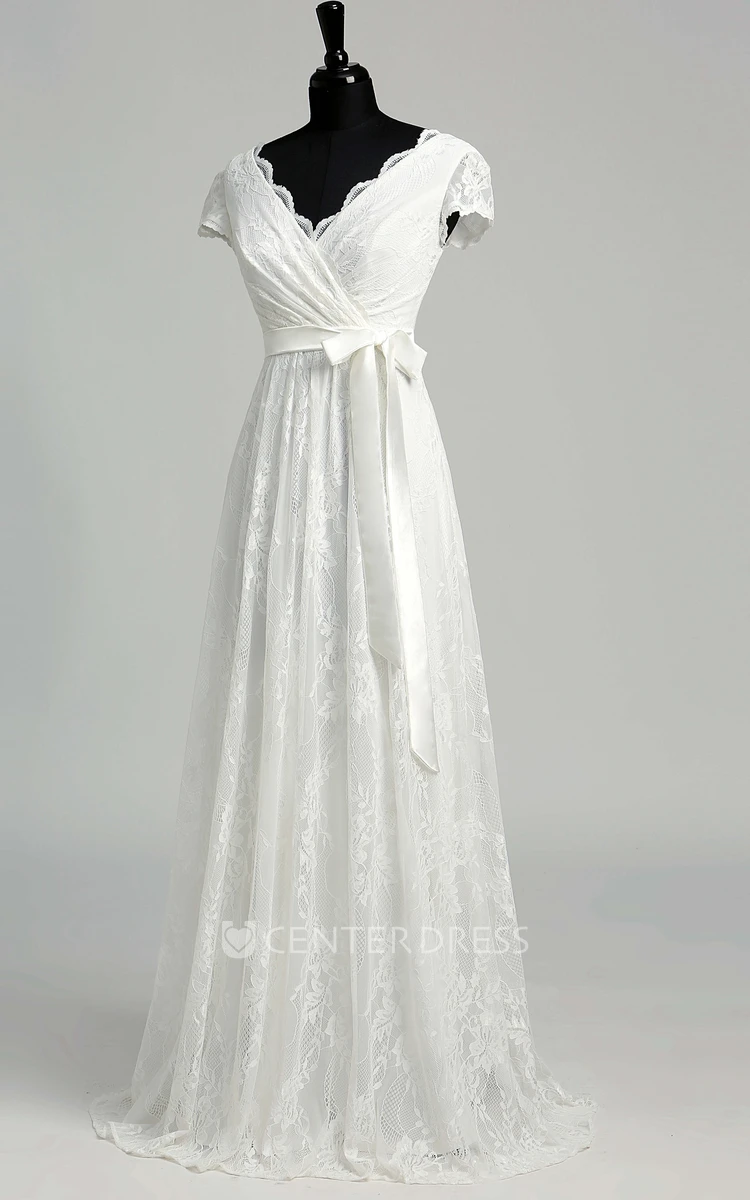 A Line Garden Floor-length Bow Sash Ribbon Lace Wedding Dress