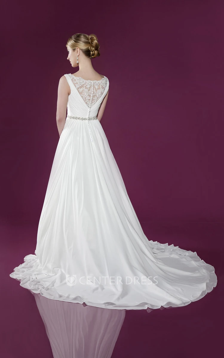 Long V-Neck Ruched Chiffon Wedding Dress With Court Train And Illusion