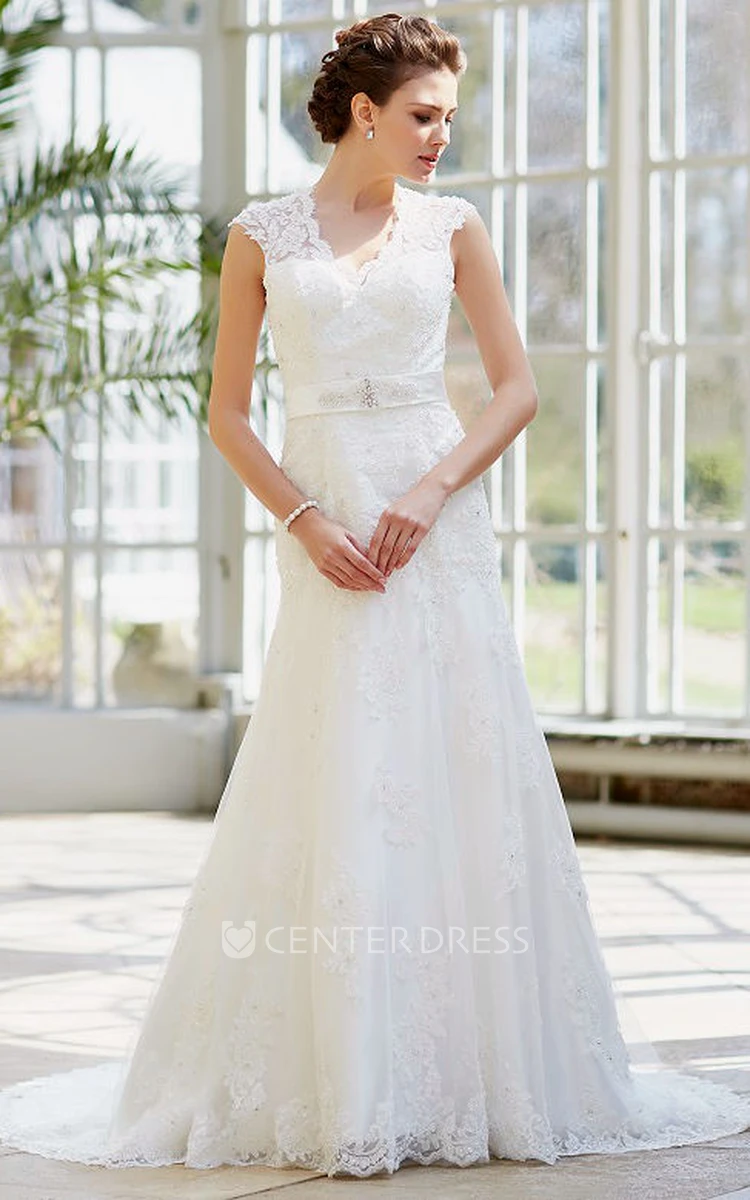 Appliqued Maxi V-Neck Cap-Sleeve Lace Wedding Dress With Waist
