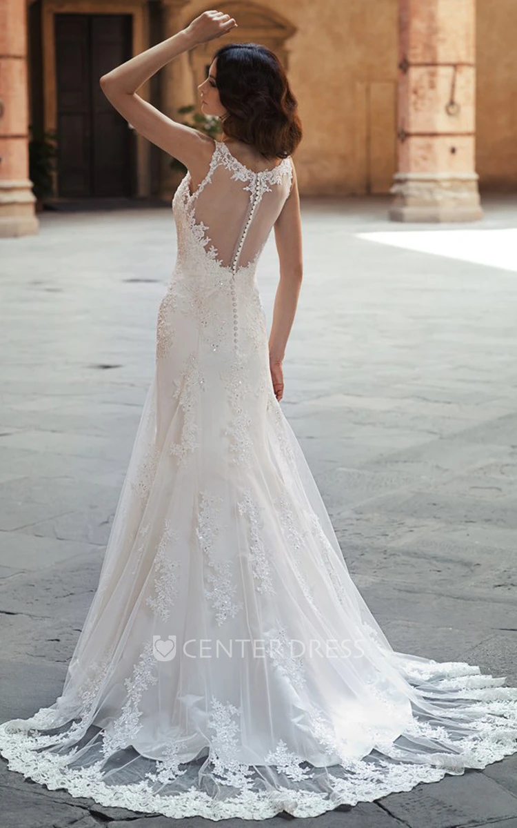 A-Line Appliqued Floor-Length Scoop-Neck Sleeveless Lace Wedding Dress