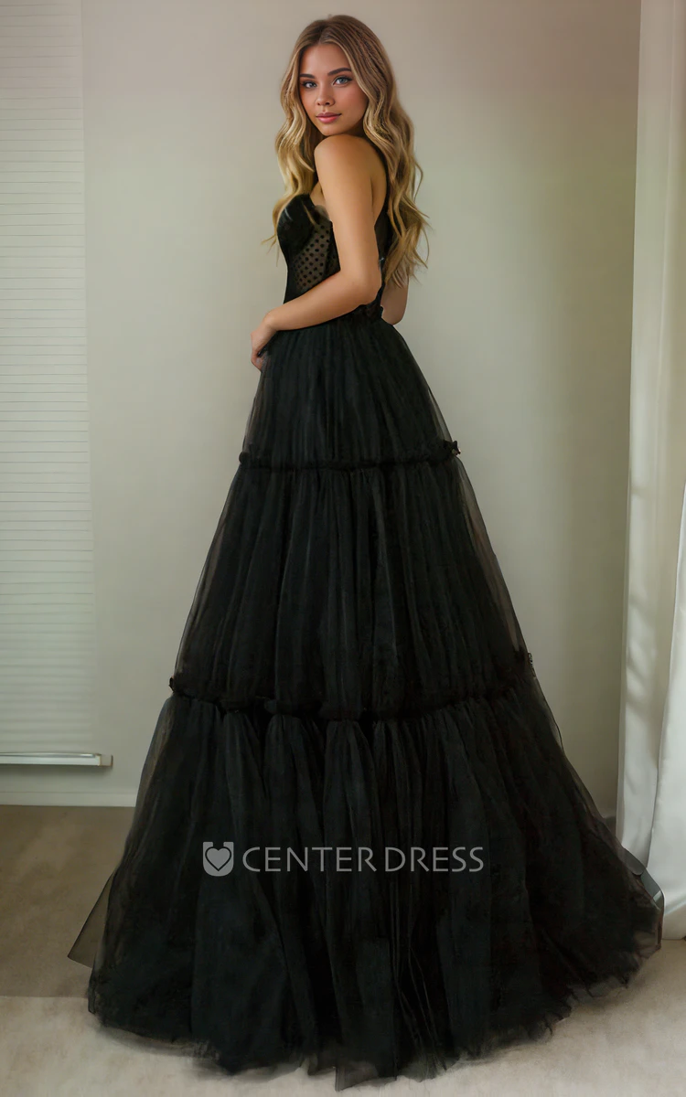 Black Tulle A-Line Adorable Sweetheart Spaghetti Wedding Dress Corset Back Simple Ruching with Sweep Train