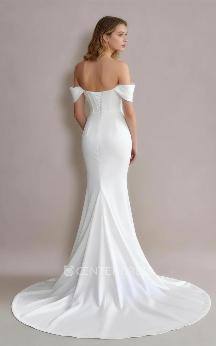Satin Wedding Dress Off Shoulder Mermaid Corset Bridal Gown Sweetheart Neckline Low Back Minimalist Train