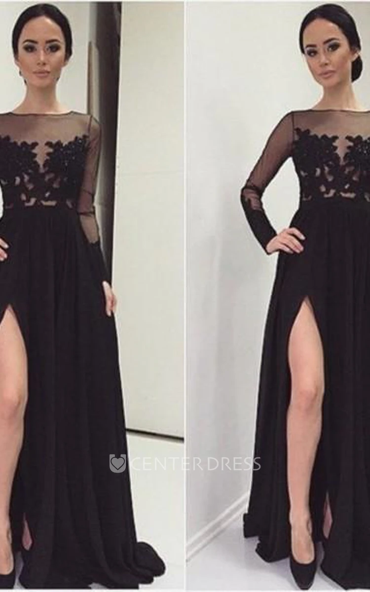 Sexy Lace Appliques Black Prom Dress Front Split Long Sleeve Illusion Sweep Train