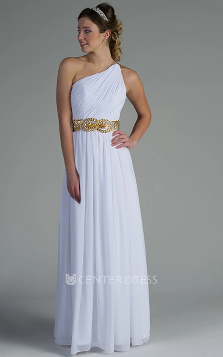 One Shoulder Pleated Chiffon Long Bridesmaid Dress With Crystal Belt