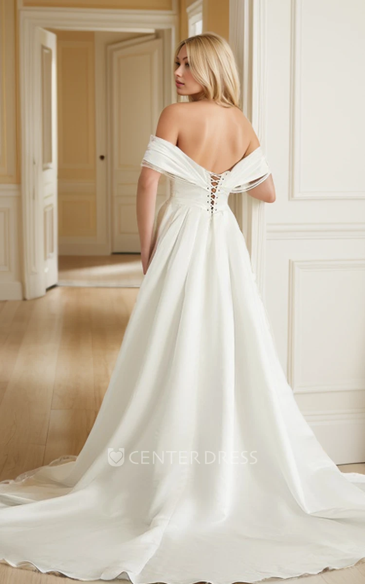 Minimalist Off-the-Shoulder A-Line Satin Wedding Dress Flowy Princess Ruched High Split Front Bridal Gown with Chapel Train