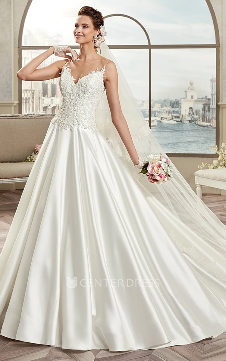Sweetheart A-Line Satin Bridal Gown With Lace Bodice And Spaghetti Straps