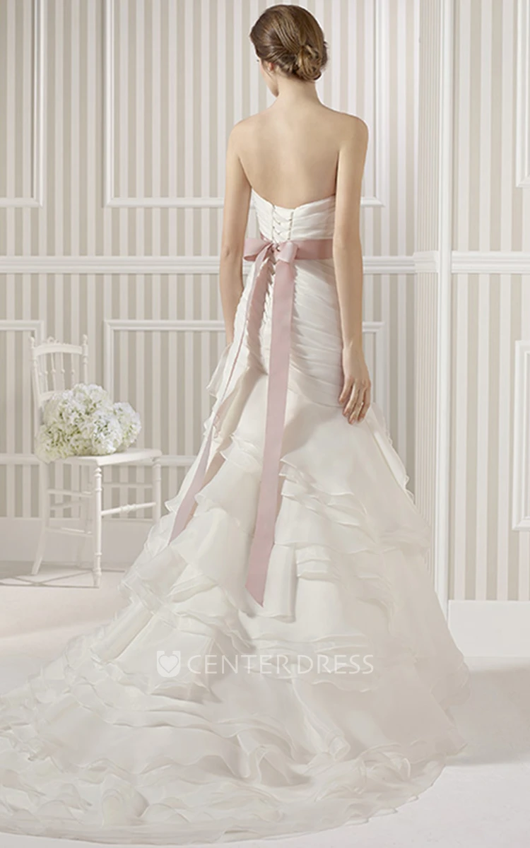 A-Line Sweetheart Long Organza Wedding Dress With Criss Cross And Tiers