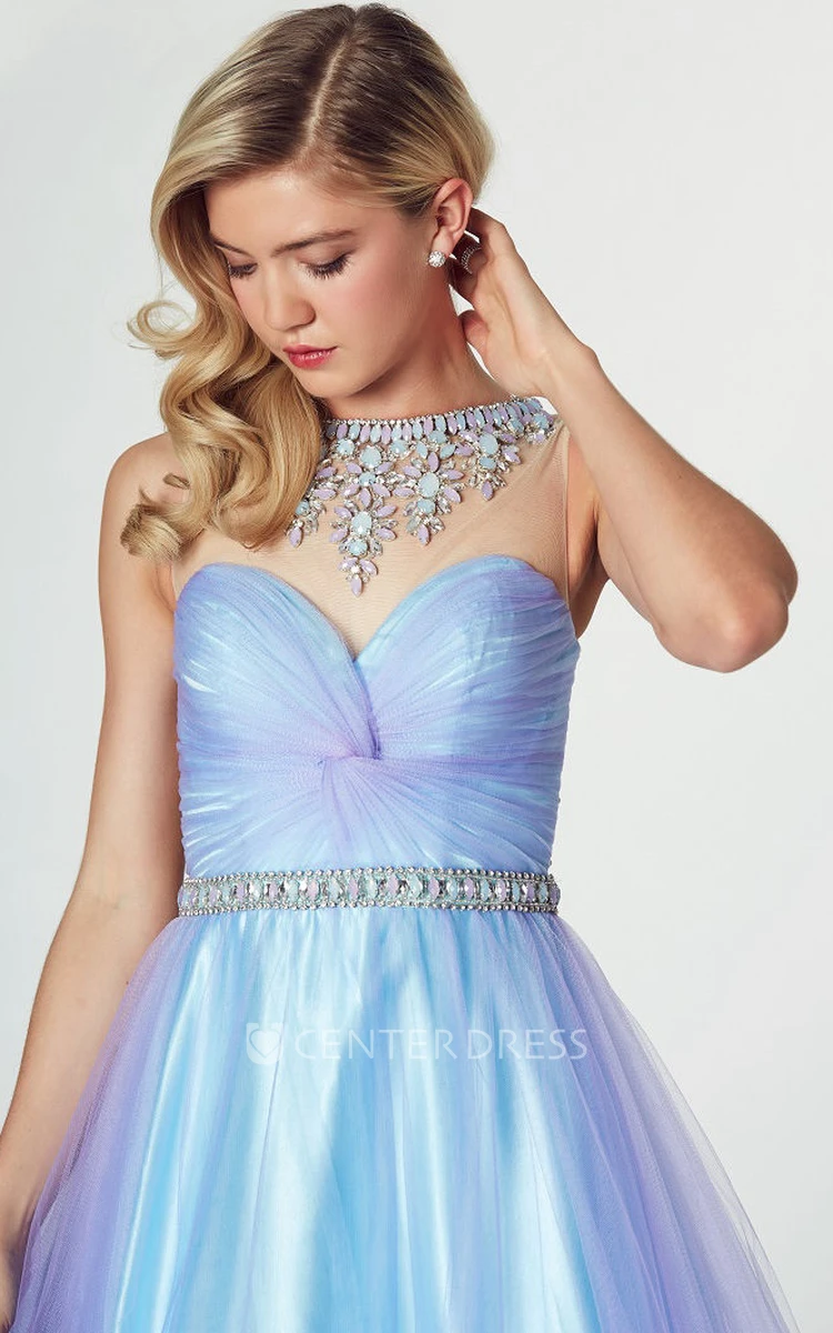 A-Line High Neck Ruched Sleeveless Tulle Prom Dress
