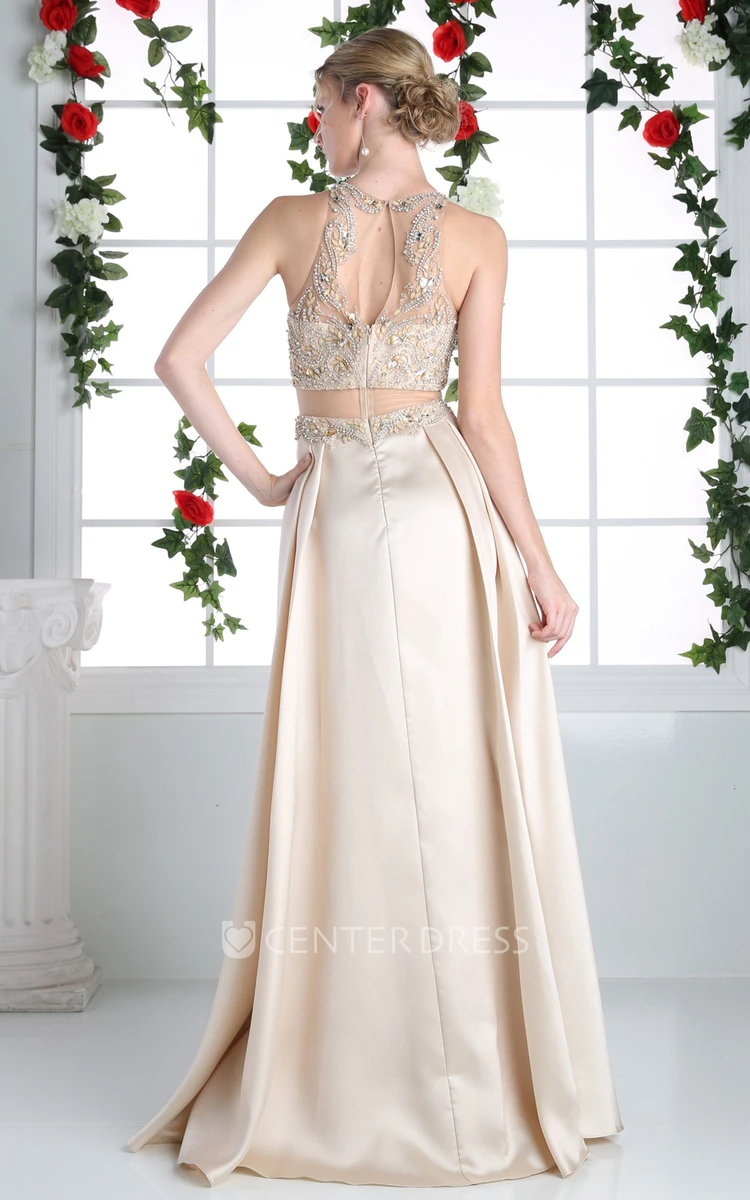 Two-Piece A-Line Long Jewel-Neck Sleeveless Satin Illusion Dress With Crystal Detailing
