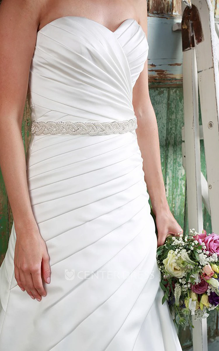 A-Line Long Side-Draped Sleeveless Sweetheart Satin Wedding Dress With Waist Jewellery