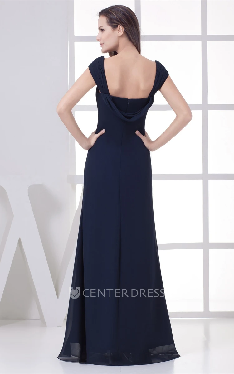 Caped-Sleeve Ruched Floor-Length Chiffon Evening Dress with Broach