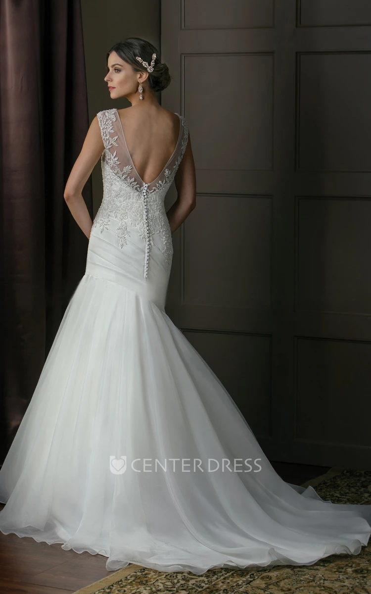 Cap-Sleeved Mermaid Gown With Beadings And Deep V-Back