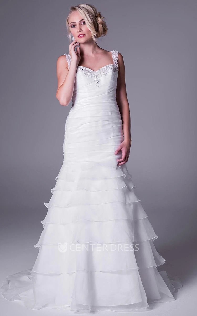 A-Line Floor-Length Tiered Sleeveless Strapped Organza Wedding Dress With Beading
