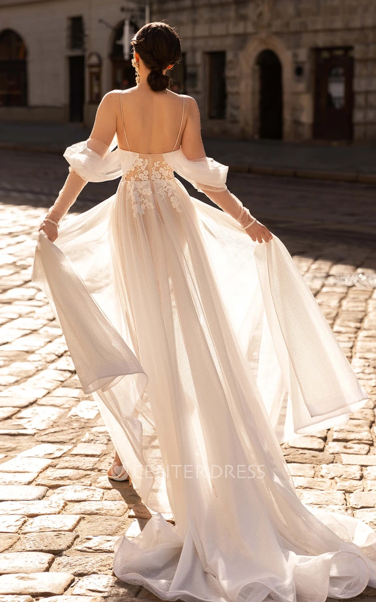 Romantic Off-the-shoulder A Line Tulle Half Sleeve Floor-length Wedding Dress with Split Front