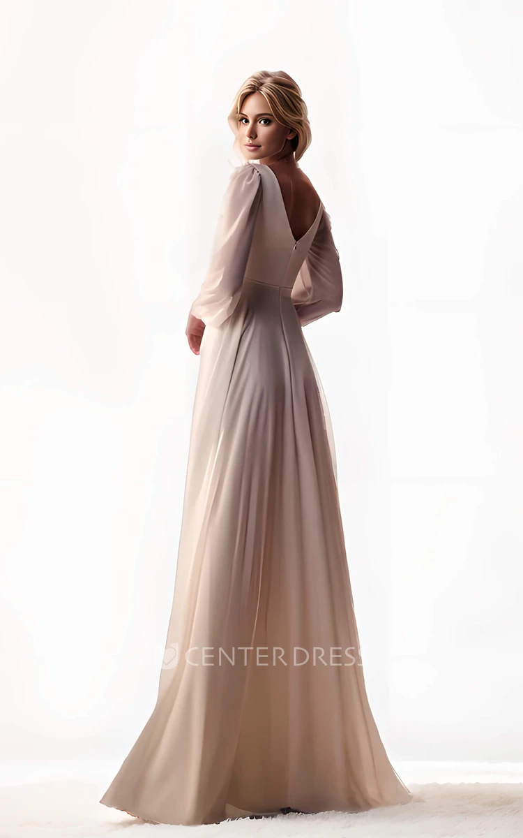 Flowy Modest V-Neck A-Line Long Sleeve Spring Maxi Wedding Dress Casual Minimalist Ruching Low Back Slit Reception Vow Renewal Dress for Bride