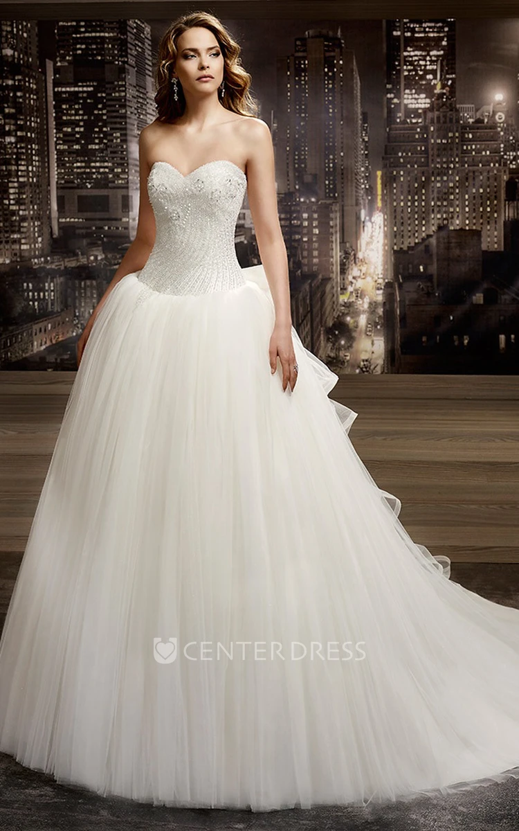 Sweetheart A-Line Bridal Gown With Beaded Corset And Back Ruffles Bow