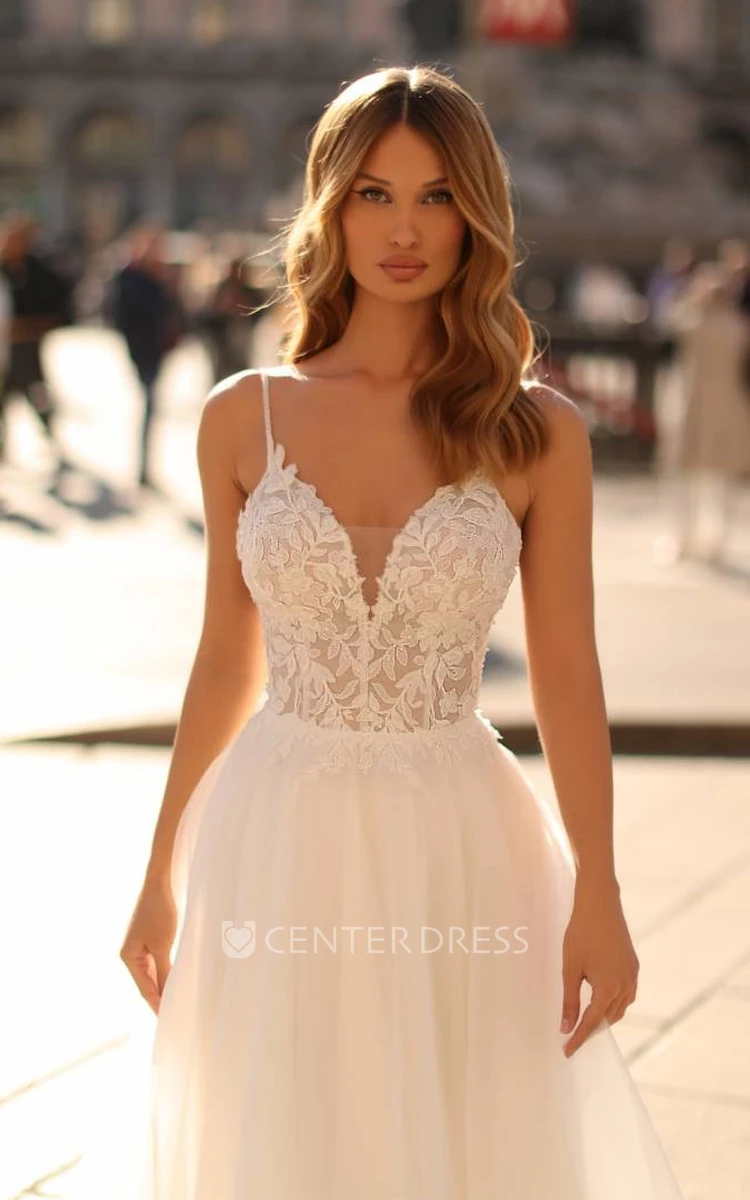 Sexy A-Line Spaghetti Lace Country Wedding Dress with Natural Sweep Train
