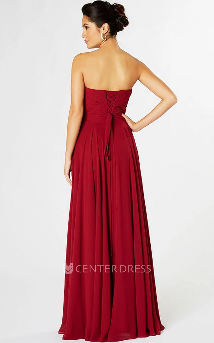 Ruched Strapless Chiffon Bridesmaid Dress With Flower And Pleats