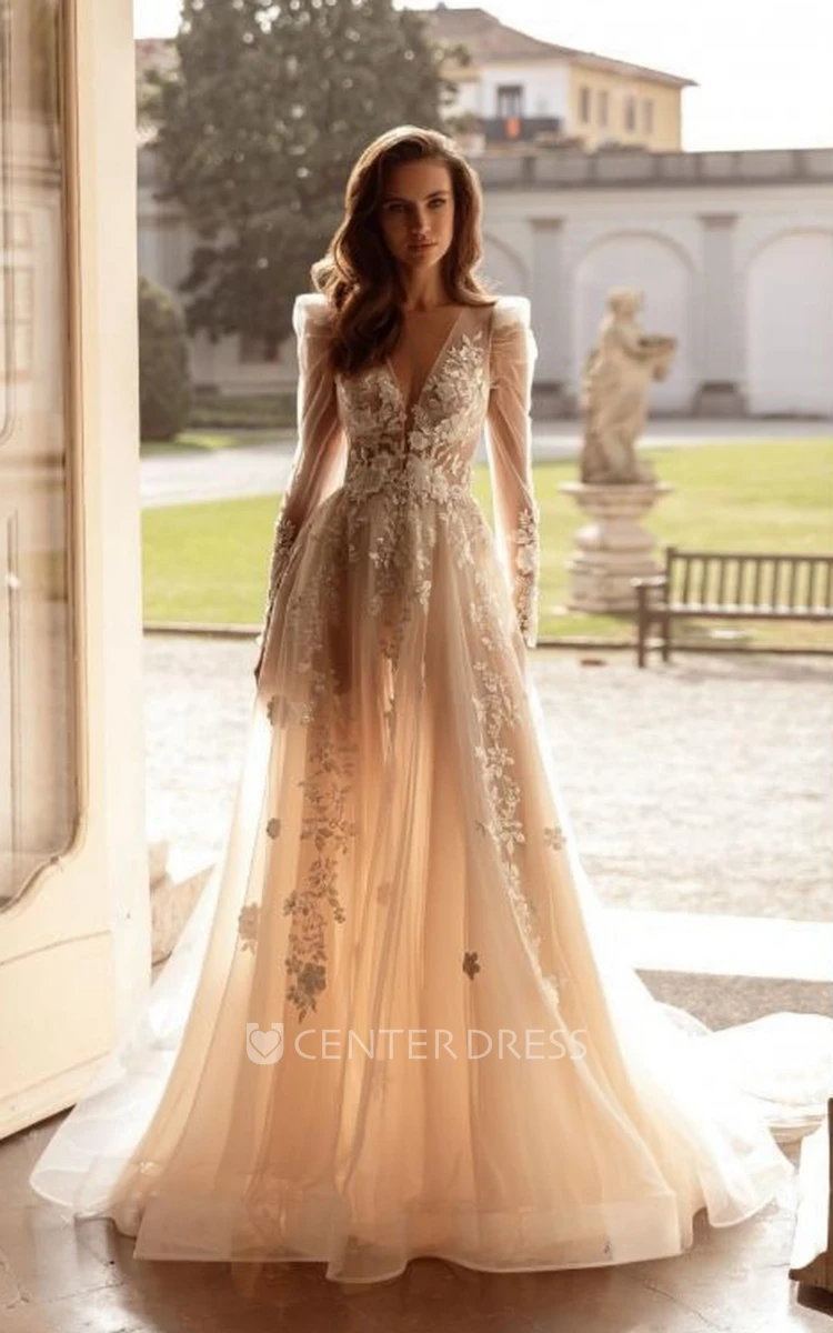 Romantic Tulle Bridal Dress A-Line Bohemian Long Sleeve V-neck Backless Appliques Chapel Train