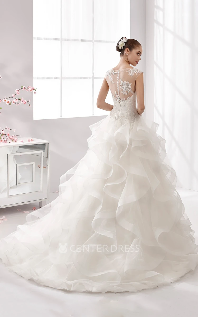 Jewel-Neck A-Line Wedding Gown with Cascading Ruffles and Illusive Neckline 