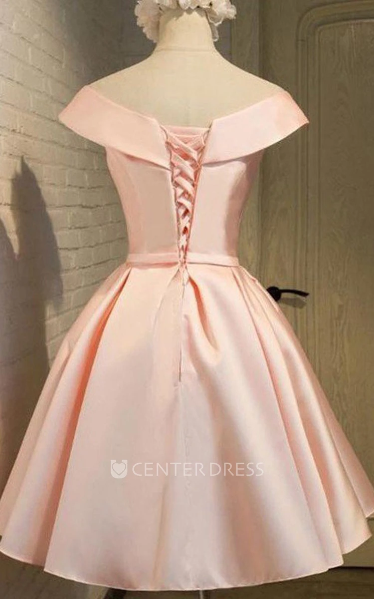 Ball Gown Tea-length Short Sleeve Off-the-shoulder V-neck Bow Pleats Satin Homecoming Dress