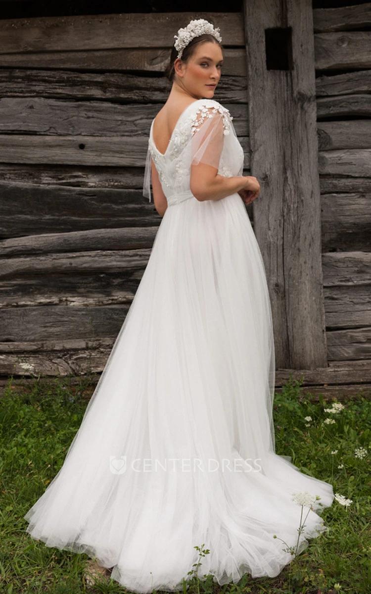 Elegant Tulle Brush Train Half Sleeve A Line V-neck Wedding Dress with Appliques