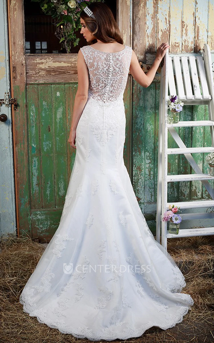Floor-Length Beaded V-Neck Sleeveless Lace Wedding Dress With Appliques And Illusion