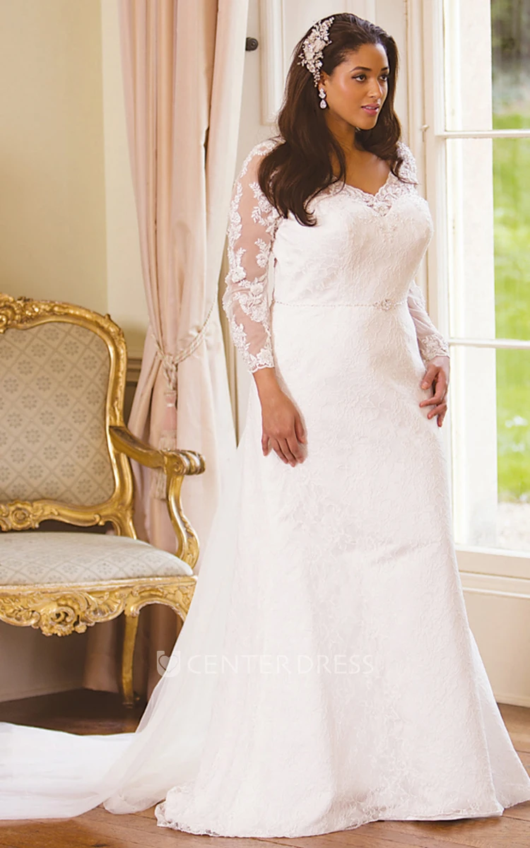 Long-Sleeve Floor-Length V-Neck Lace Plus Size Wedding Dress With Appliques  And Illusion - UCenter Dress