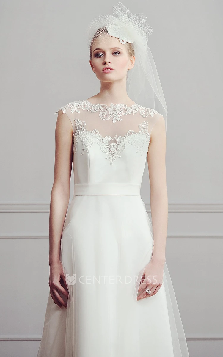 A-Line Jewel-Neck Floor-Length Cap-Sleeve Appliqued Satin Wedding Dress