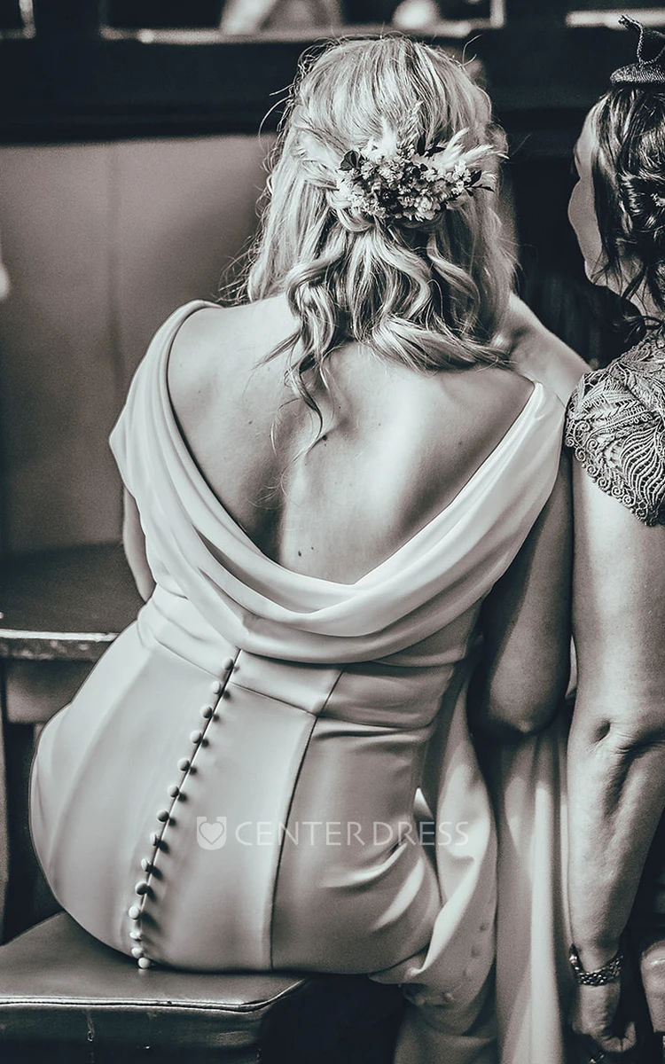 Sheath V-neck Satin Elegant Wedding Dress With Open Back And Ruching