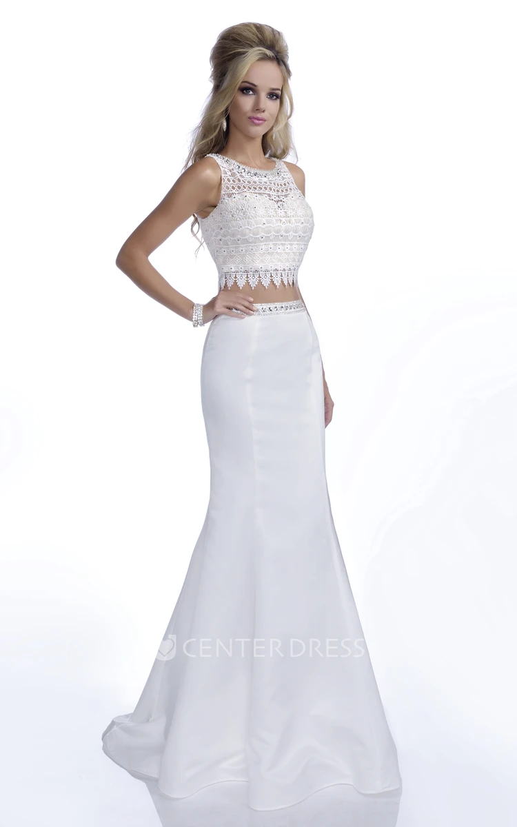 Crop Top Trumpet Sleeveless Prom Dress With Lace Bodice