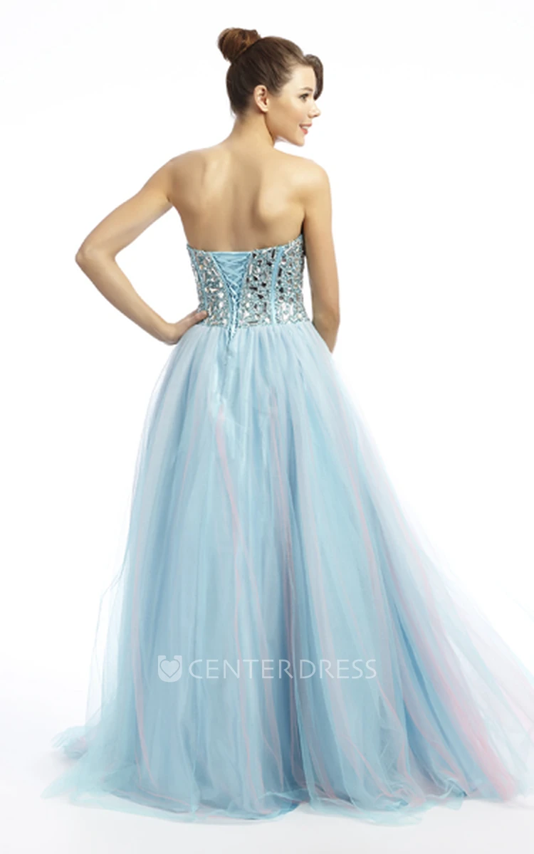 Maxi Sweetheart Beaded Tulle Prom Dress With V Back