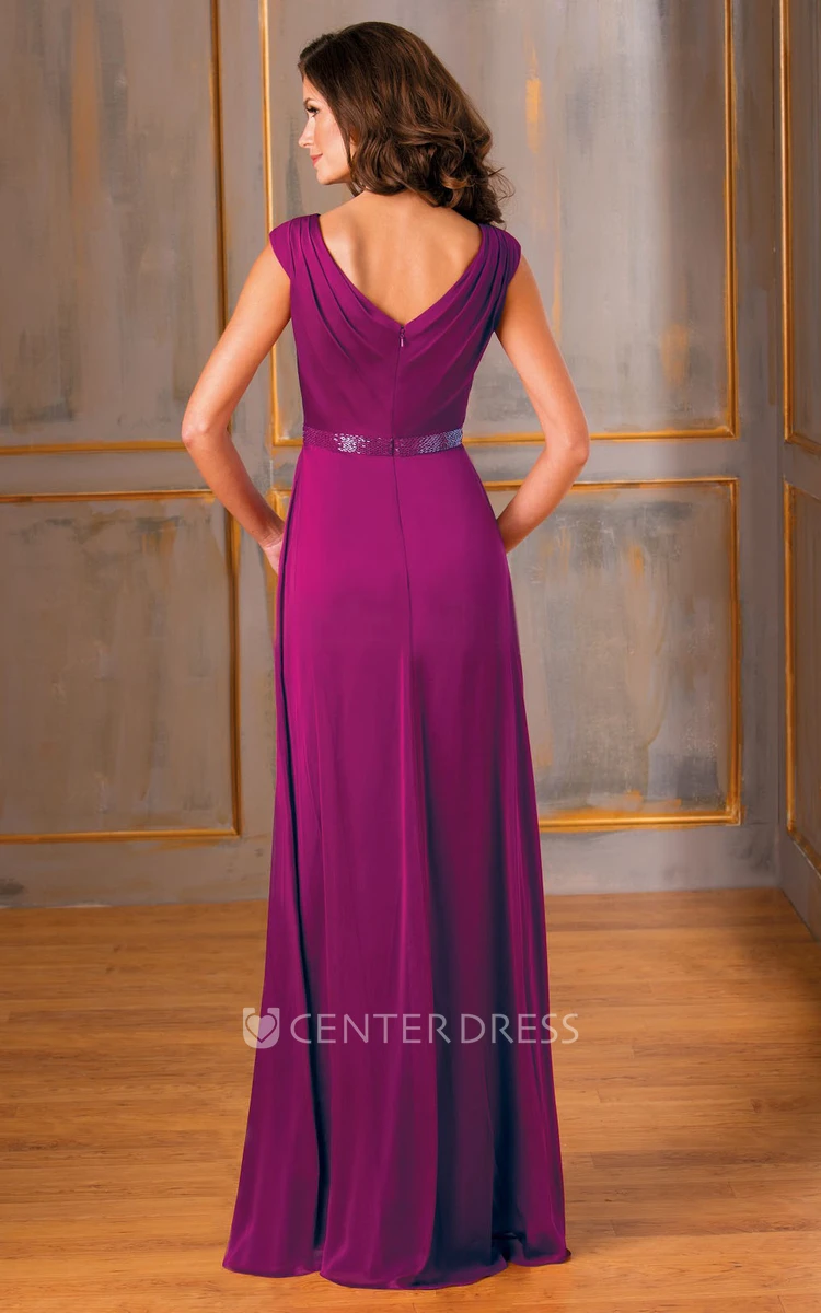 Cap-Sleeved V-Neck A-Line Long Mother Of The Bride Dress With Sequined Waist