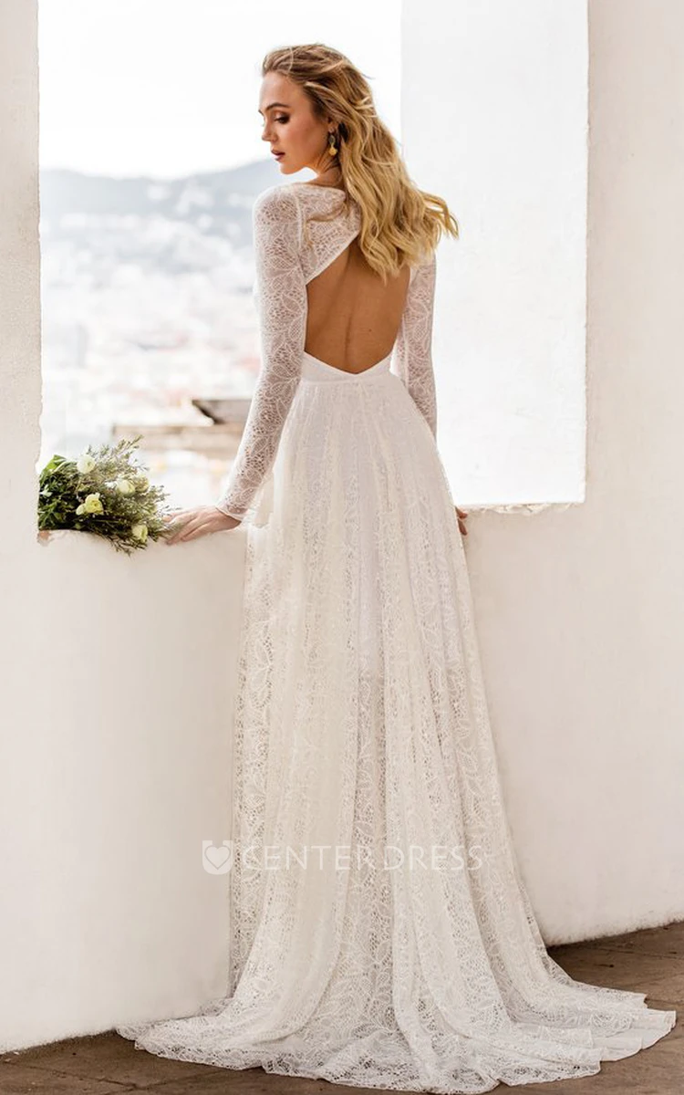 Boho A Line Scoop Neck Lace Floor-length Long Sleeve Wedding Dress with Keyhole Back