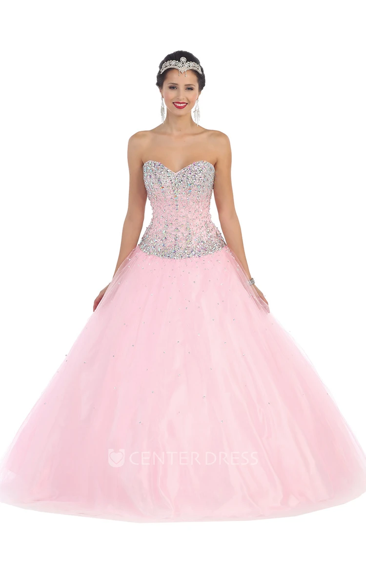 Ball Gown Sweetheart Sleeveless Tulle Satin Lace-Up Dress With Beading
