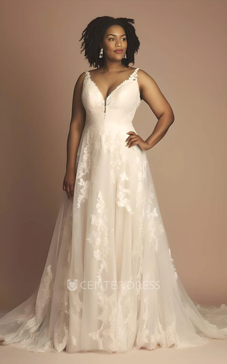 Plus Size A-Line Wedding Dress Lace Tulle Sleeveless Appliques Plunging Neckline V-neck Ethereal Bohemian
