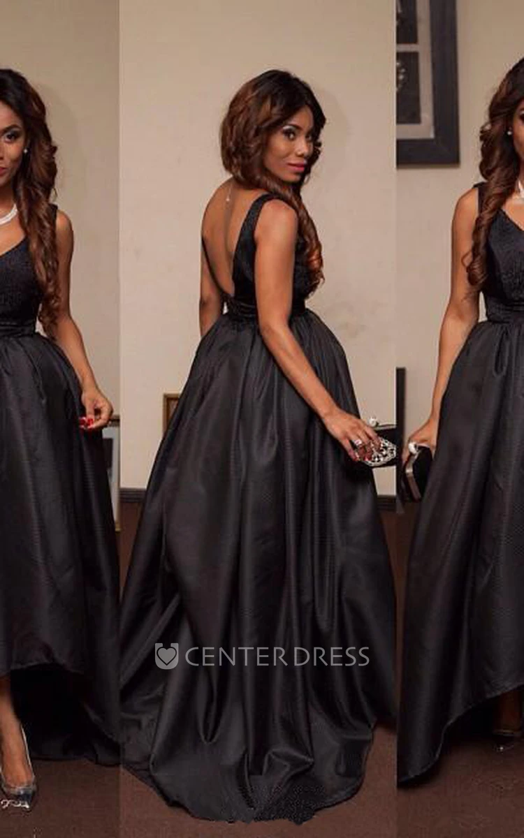 Sexy Black V-Neck Sleeveless Prom Dresses Hi-Lo Tail Party Gown