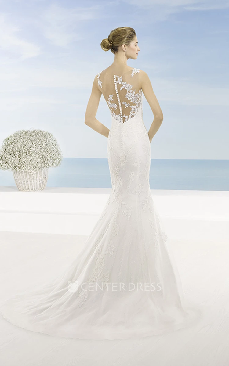Trumpet Bateau Appliqued Sleeveless Long Lace Wedding Dress With Court Train And Illusion Back