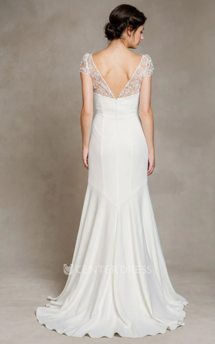Sheath Scoop-Neck Floor-Length Cap-Sleeve Satin Wedding Dress