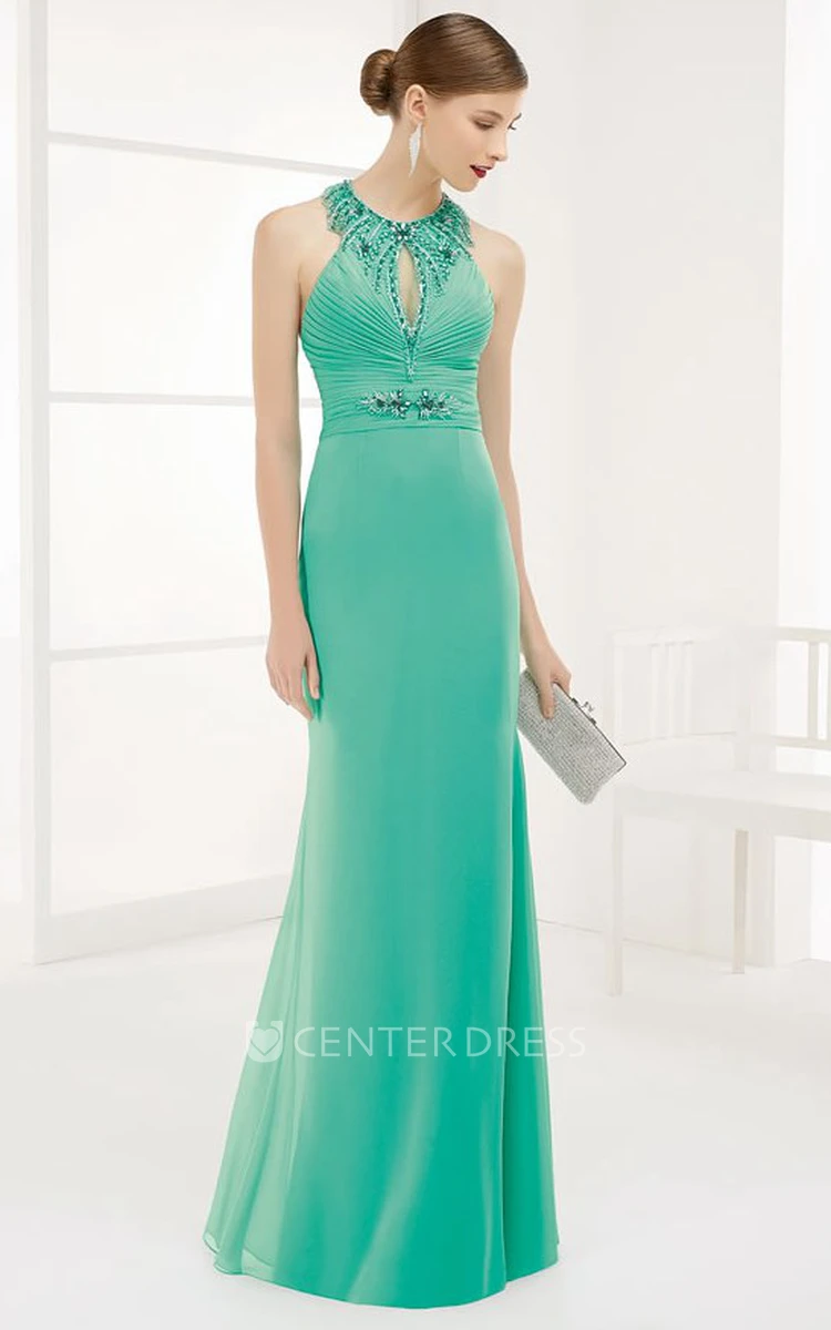 Crystal High Neck Front Keyhole Chiffon Long Prom Dress With Back Spaghetti Straps