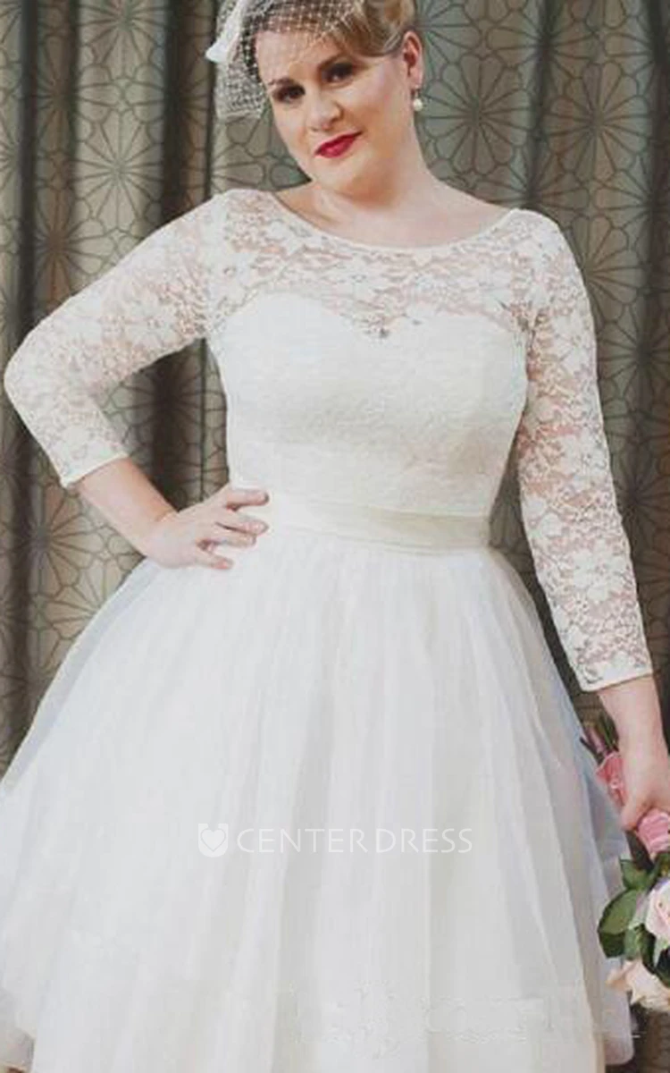 Plus Size Vintage Style Scoop Neckline 3-4 Long Sleeve Lace Tea Length Bridal Gown