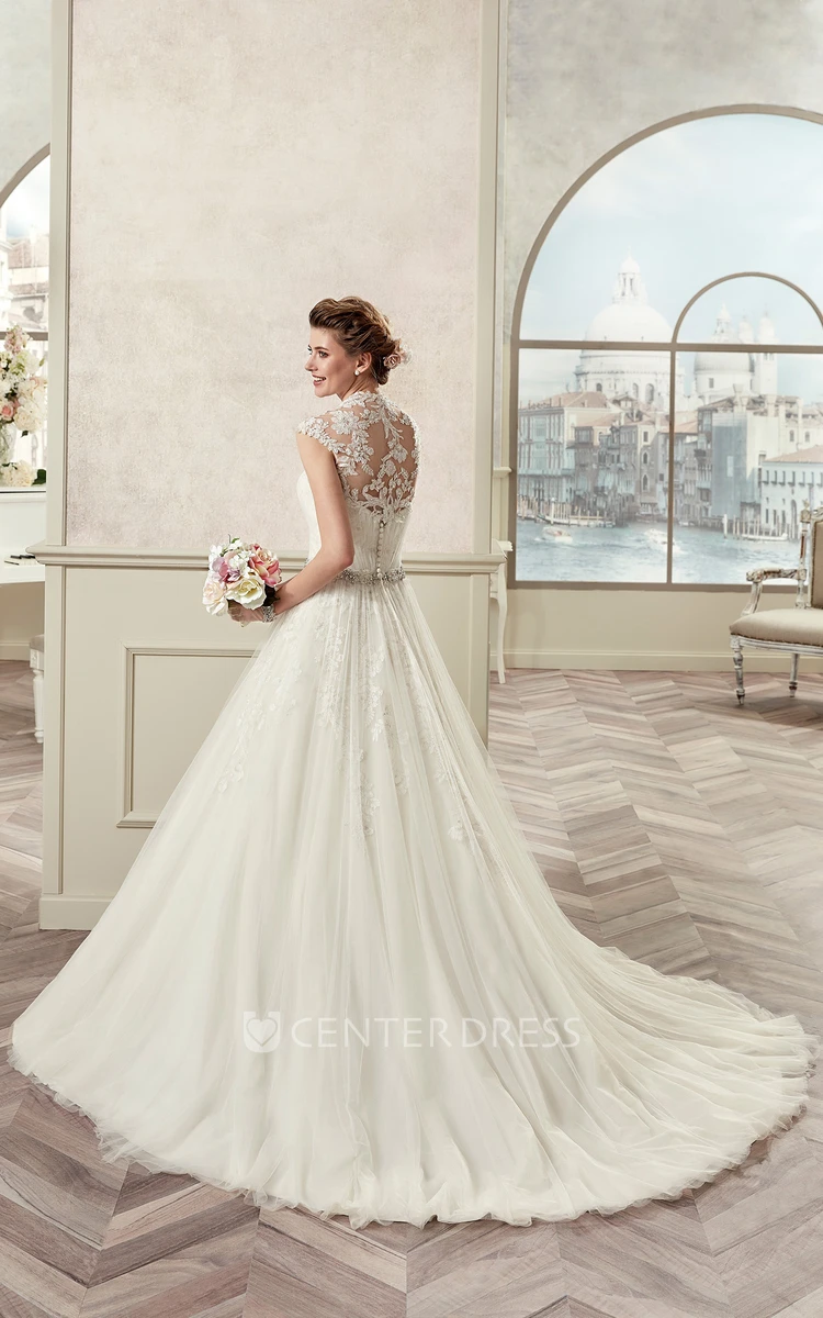 Royal Beaded A-Line Bridal Gown With Queen-Anna Neckline And Pleated Skirt