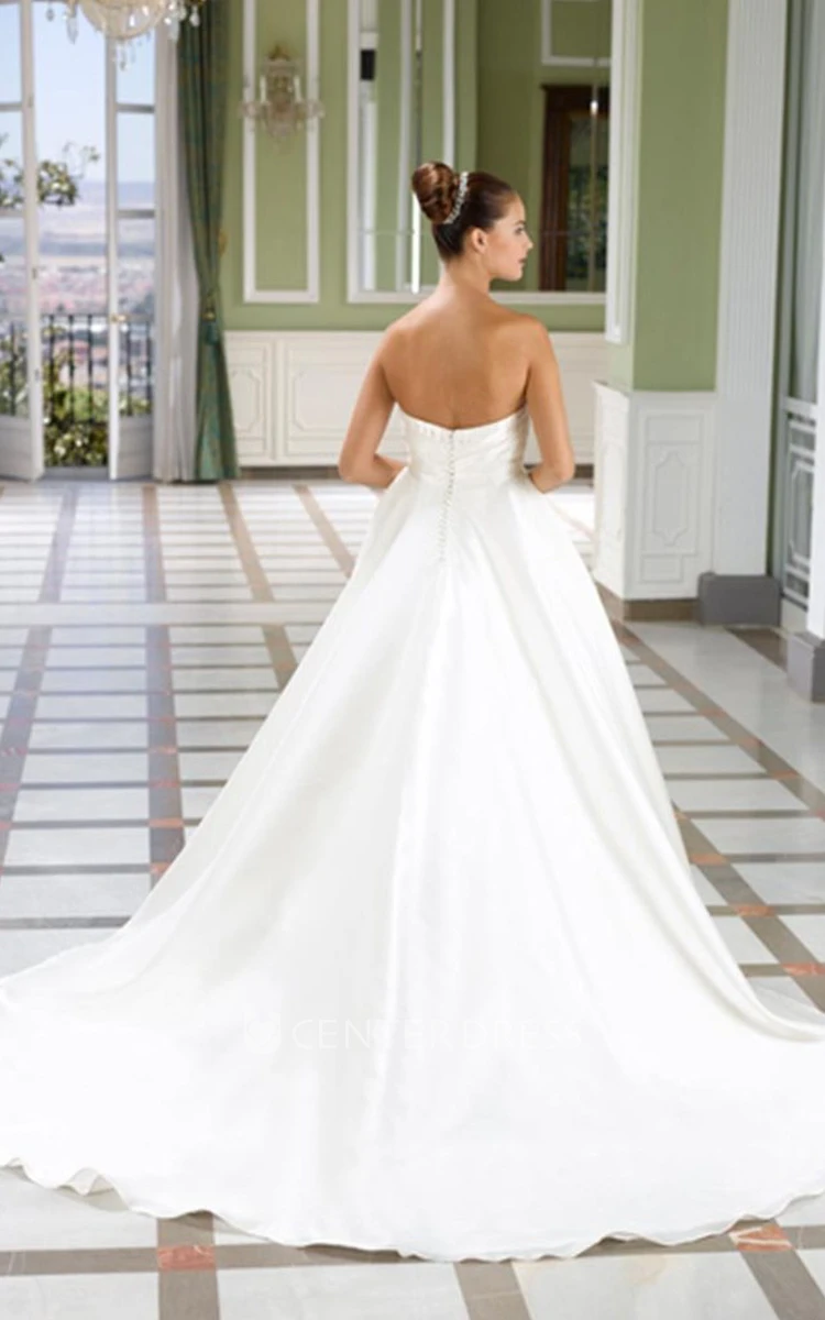 Sweetheart Floor-Length Jeweled Satin Wedding Dress With Chapel Train And V Back