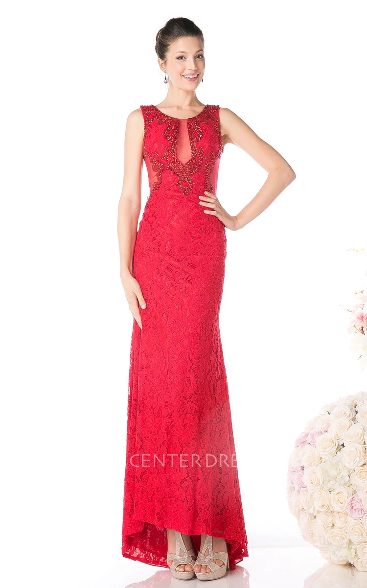 Sheath High-Low Scoop-Neck Sleeveless Lace Illusion Dress With Beading