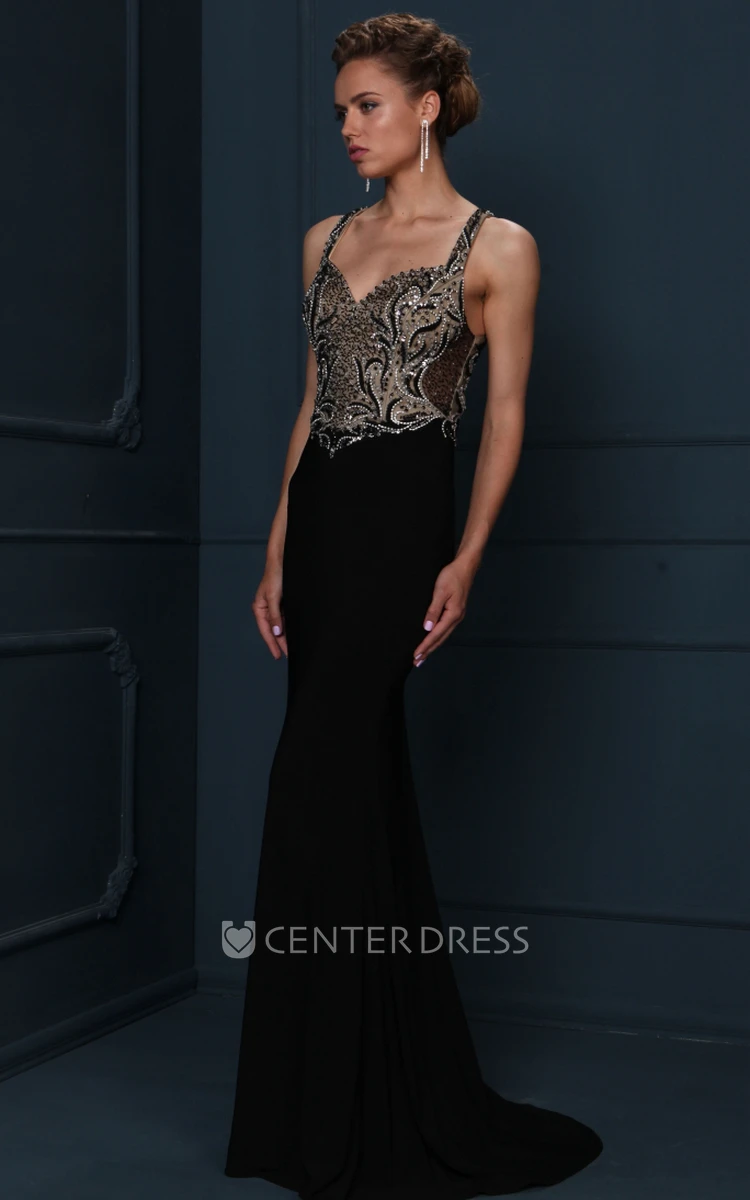 Long Beaded Jersey Evening Dress With Sweep Train And Straps