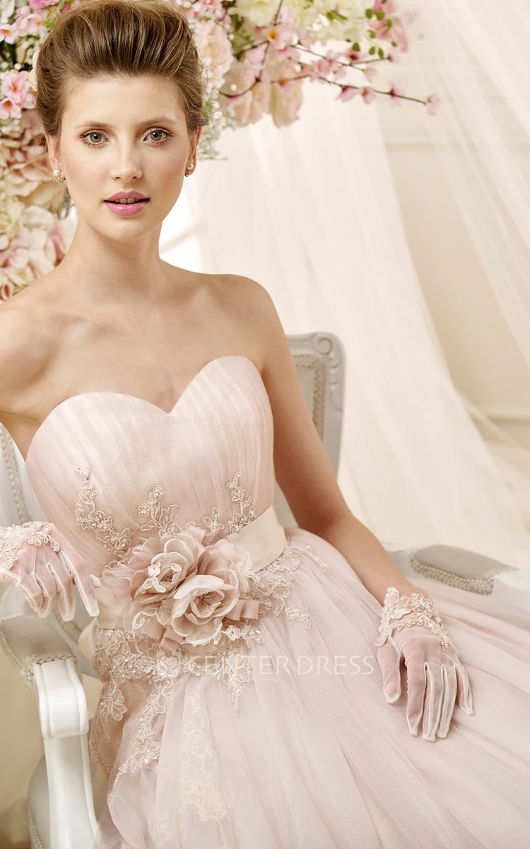 Angel Sweetheart Beaded Draping Dress with Flower Sash and Beaded Appliques
