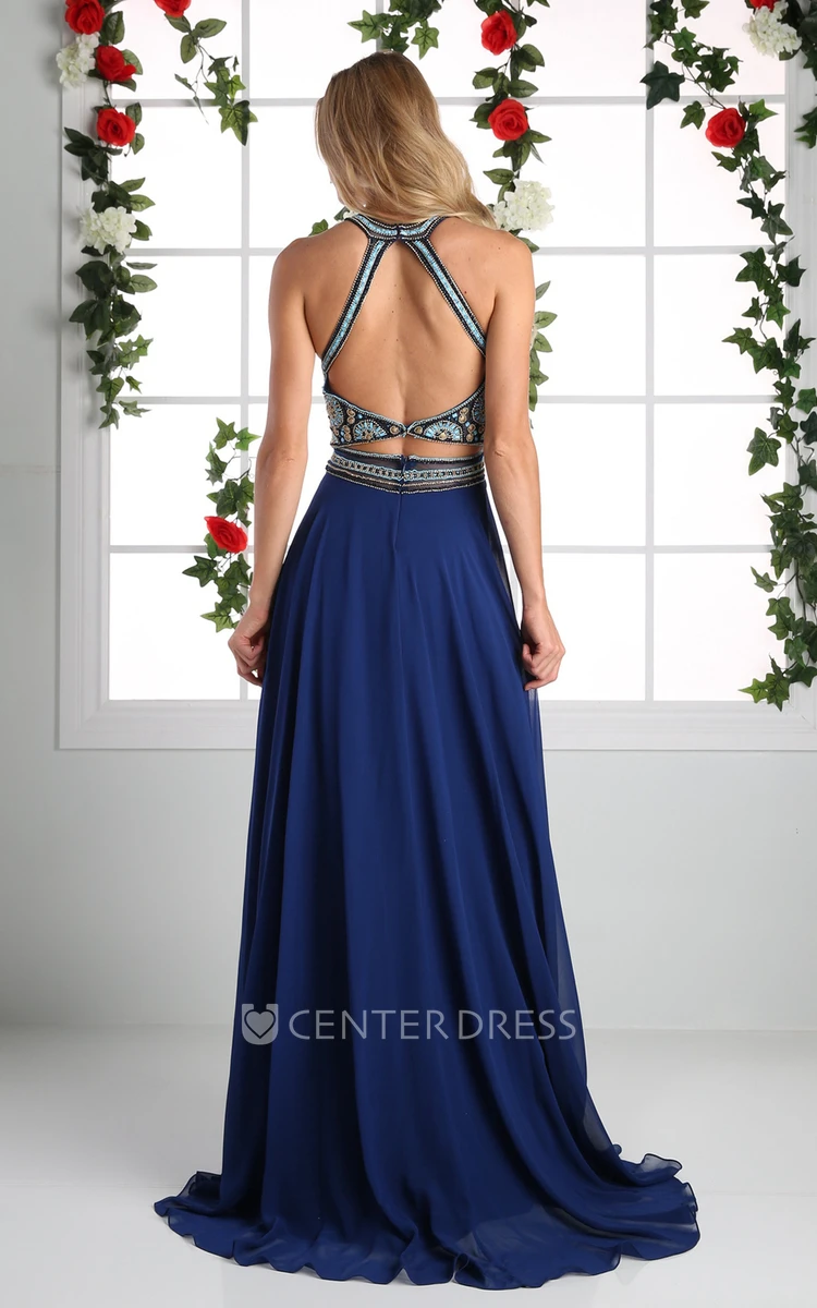 A-Line Long Scoop-Neck Sleeveless Chiffon Straps Dress With Beading And Pleats