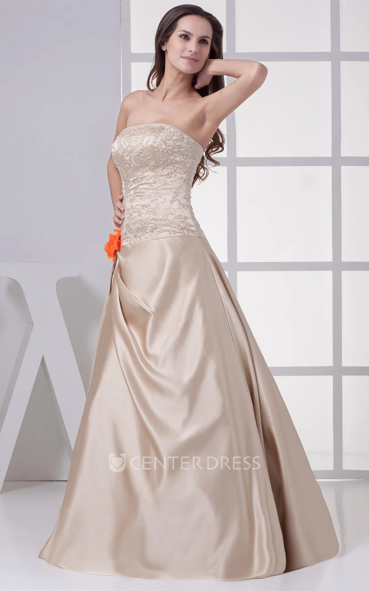 Strapless Side Draping A-Line Satin Evening Gown with Flower and Beading
