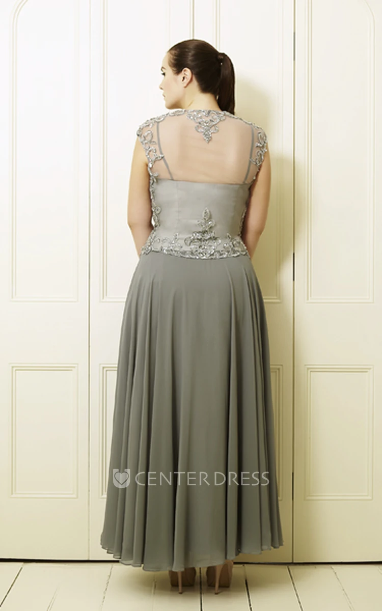A-Line Sleeveless Beaded Ankle-Length Queen-Anne Chiffon Plus Size Prom Dress