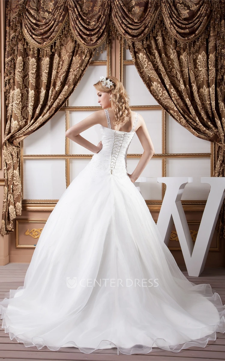 Sleeveless Straps Organza A-Line Wedding Gown with Flower and Beading